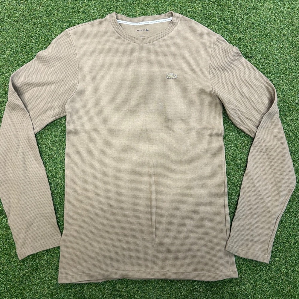 Lacoste Mens Tan Waffle Knit Thermal Long Sleeve Shirt Size L Sleepwear